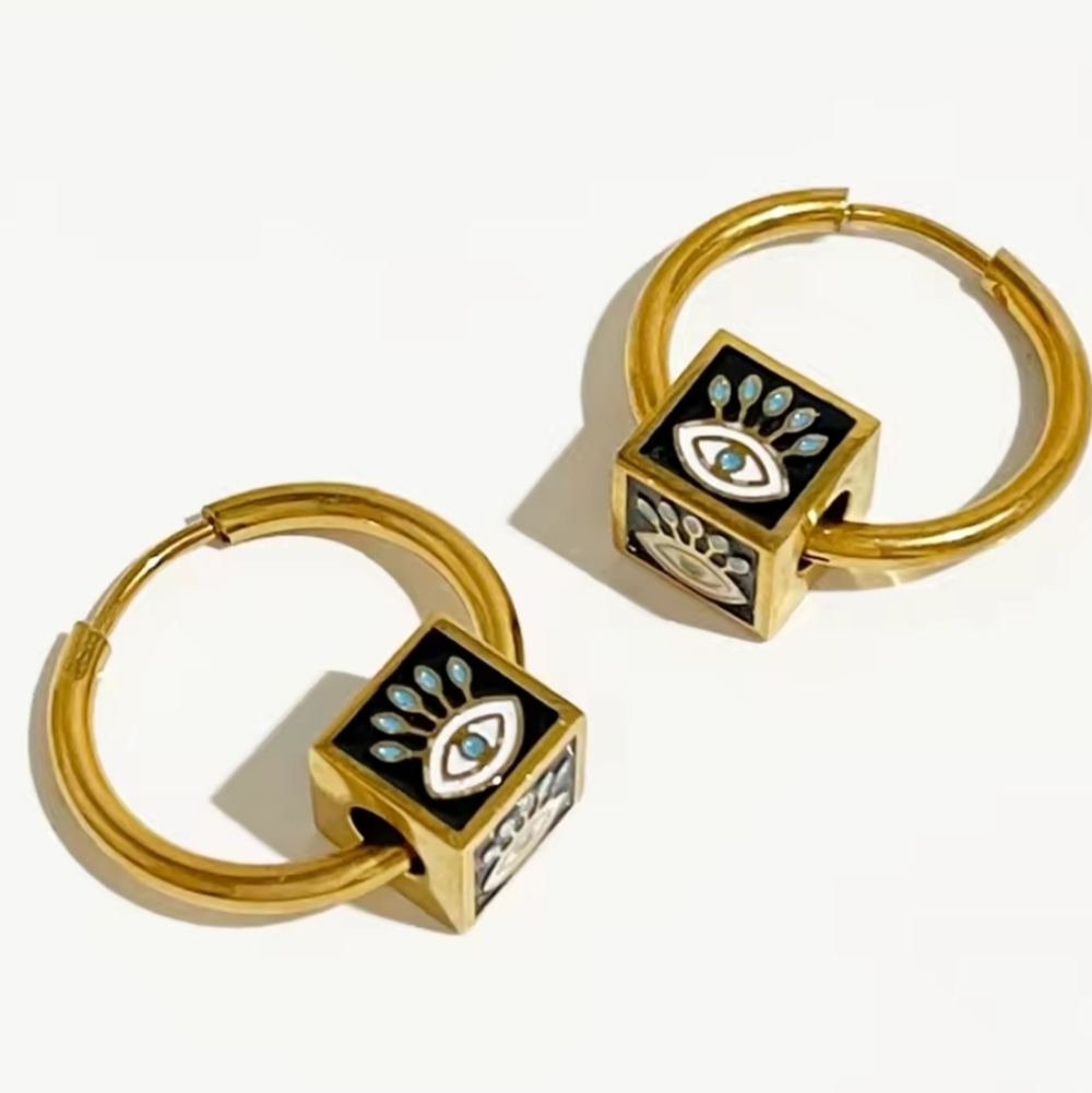New Free People 18 Gold Ss and Black Evil Eye Motif Hoop Earrings